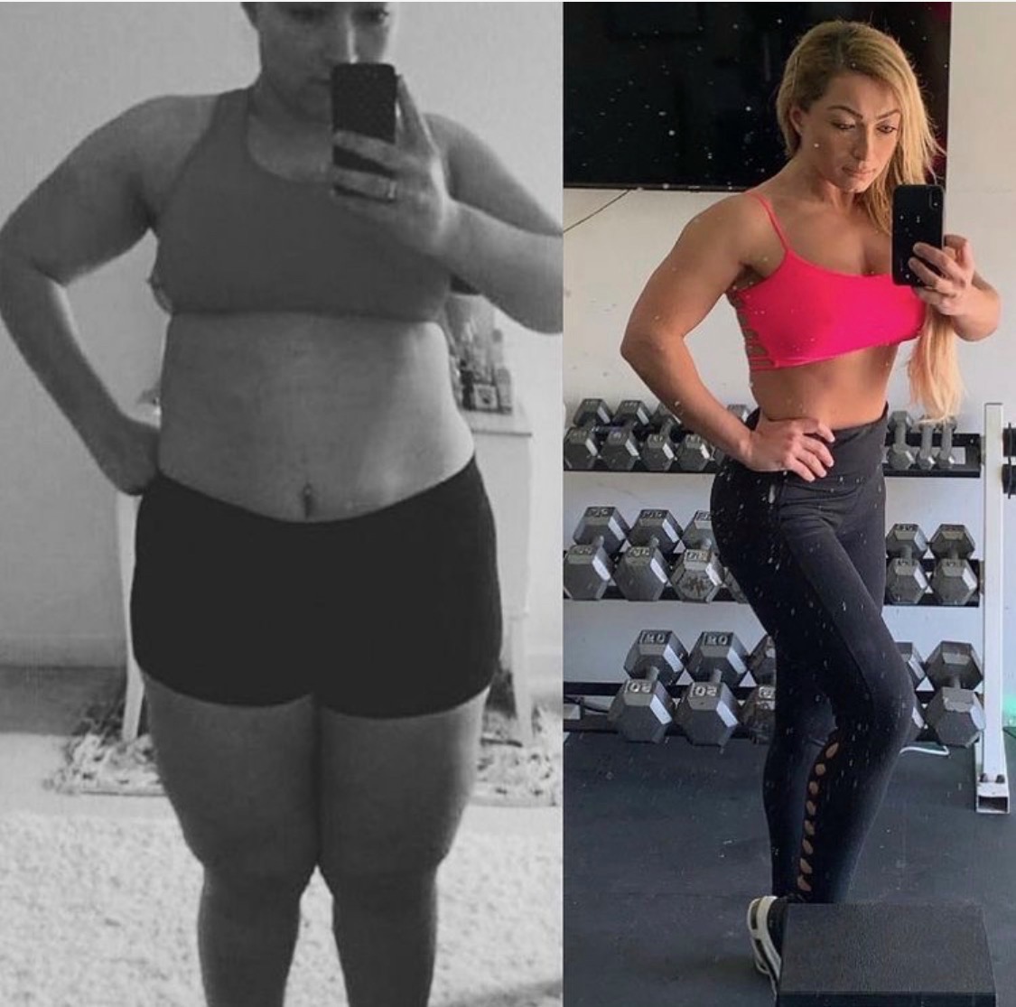 Female client transformation — before weight loss on the left and after on the right